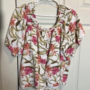 Kenzie Jeans Womens Shirt Size Medium Short Sleeve Multicolor Floral Linen Blend